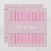 ピンクパールピンストライプ女の子1st誕生日パーティー 招待状 (正面/裏面)