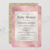 ピンクパールホワイト金ゴールドグリッターグリッツベビーシャワー 招待状 (正面/裏面)