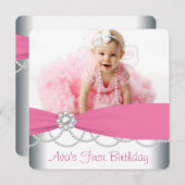 ピンクパール女の子フォトバースデーパーティー 招待状 (正面/裏面)