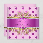 ピンクパール金ゴールドプラム水玉模様バースデーパーティー 招待状 (正面/裏面)