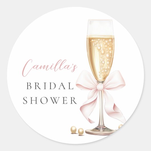ピンクパール＆プロセッコの弓のブライダルシャワー ラウンドシール (正面)