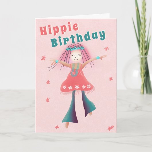 ピンクヒッピー誕生日グルービーガールフラワーパワーボホ カード (正面)