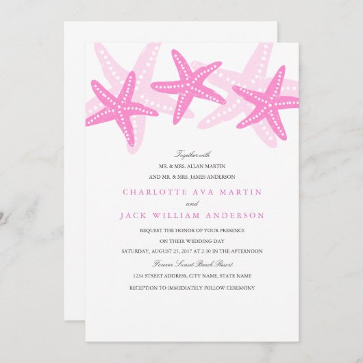 ピンクヒトデビーチ結婚式招待状 招待状 (正面/裏面)