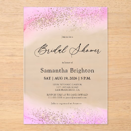 ピンクヒューズ金ゴールドスパークルブライダルシャワー アクリル招待状 (正面)