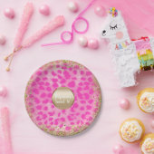 ピンクヒョウプリント金ゴールドグリッターモノグラム ペーパープレート (パーティー)