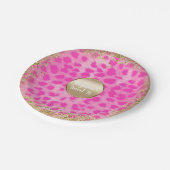 ピンクヒョウプリント金ゴールドグリッターモノグラム ペーパープレート (アングル)
