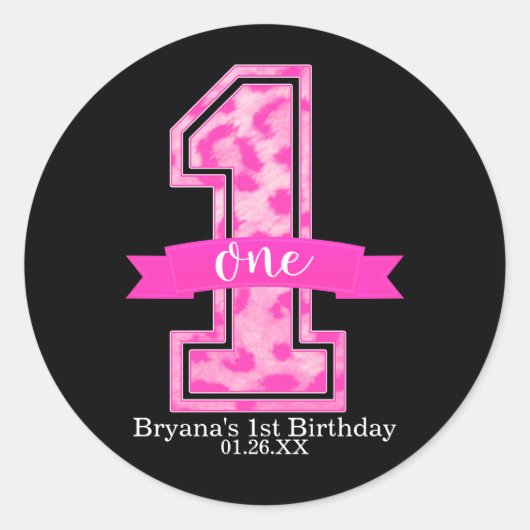 ピンクヒョウプリント1歳パーティー ラウンドシール (正面)
