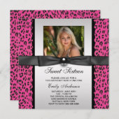 ピンクヒョウ写真甘い16誕生日パーティー 招待状 (正面/裏面)