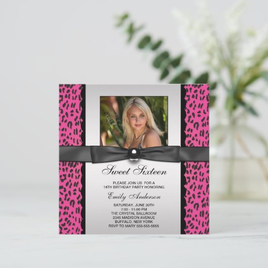 ピンクヒョウ写真甘い16誕生日パーティー 招待状 (スタンド正面)