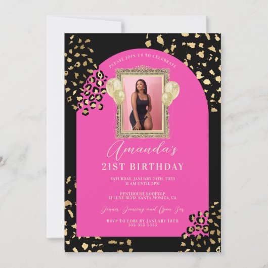 ピンクヒョウ印刷誕生日招待状 招待状 (正面)