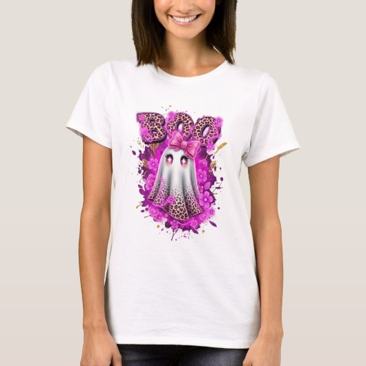 ピンクヒョウ幽霊BOOハロウィンシャツ Tシャツ (正面)