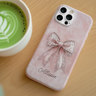 ピンクヒョウ柄の女の子らしいきらめくエレガントなリボン オーダーネーム iPhone 16ケース