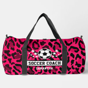 ピンクヒョウ柄サッカーコーチ名 ダッフルバッグ