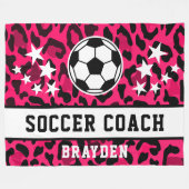 ピンクヒョウ柄サッカーコーチ名 フリースブランケット (正面(横))