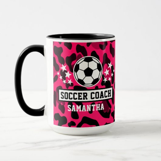ピンクヒョウ柄サッカーコーチ名 マグカップ (左)