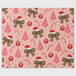 ピンクヒョウ柄リボンのクリスマスパターン ラッピングペーパー
