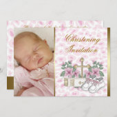 ピンクヒョウ赤ちゃんガールフォト《キリスト教》洗礼式や命名式 招待状 (正面/裏面)