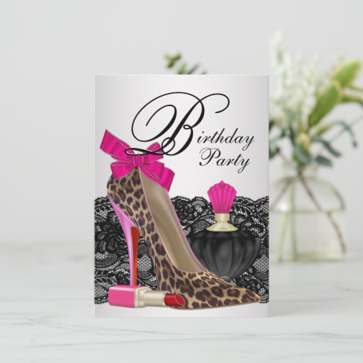 ピンクヒョウ高ヒール靴ガーリー誕生日パーティー 招待状 (スタンド正面)