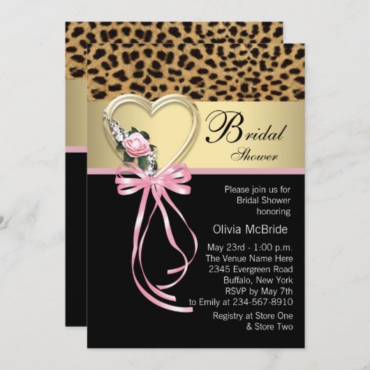 ピンクヒョウ黒金ゴールドヒョウブライダルシャワー 招待状 (正面/裏面)