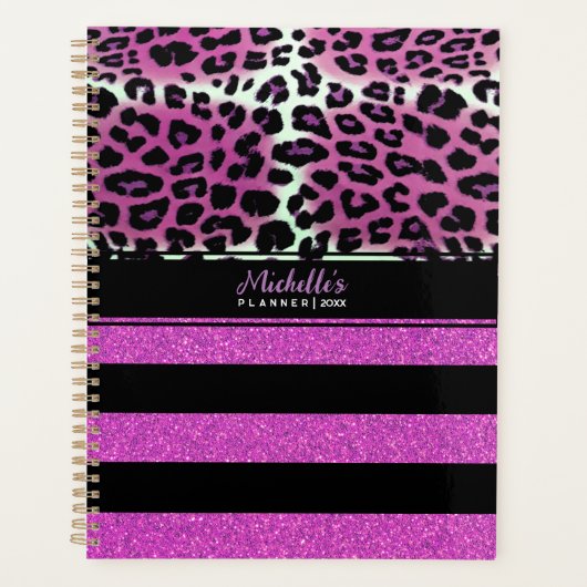ピンクヒョウ&ブラックピンクグリッターストライプカスタム プランナー手帳 (正面)