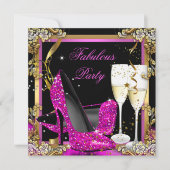 ピンクヒール金ゴールドブラックファブルシャンパーニュパーティー 招待状 (正面)