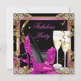 ピンクヒール金ゴールドブラックファブルシャンパーニュパーティー 招待状