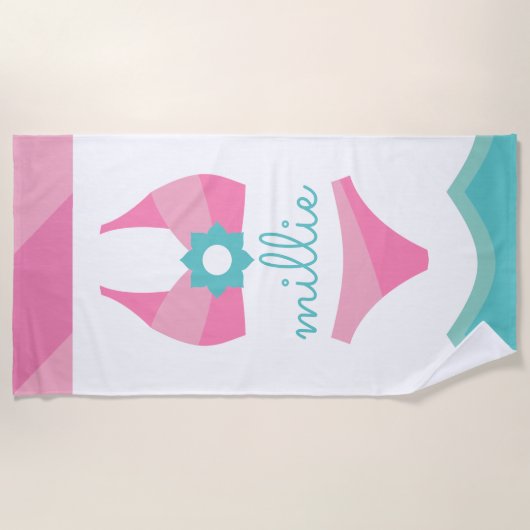 ピンクビキニ水着パーソナライズされたビーチタオル ビーチタオル (正面)