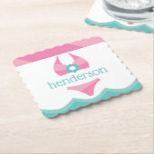 ピンクビキニ水着パーソナライズされた紙コースター ペーパーコースター (アングル)