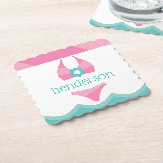 ピンクビキニ水着パーソナライズされた紙コースター ペーパーコースター (アングル)
