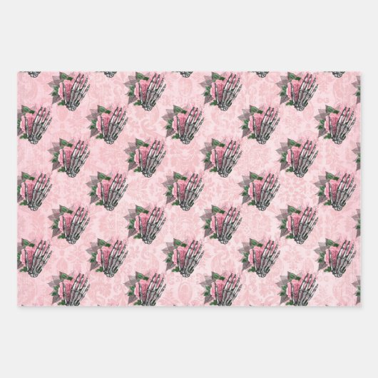 ピンクビクトリアンのゴシック様式のガラスの骨格とダマスク ラッピングペーパーシート (正面3)