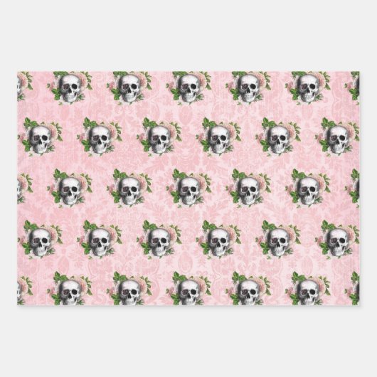 ピンクビクトリアンのゴシック様式のガラスの骨格とダマスク ラッピングペーパーシート (正面)