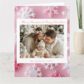 ピンクビクトリアンのスノーフレークのクリスマスフォト サンキューカード (正面)