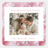 ピンクビクトリアンのスノーフレークのクリスマスフォト スクエアシール (正面)