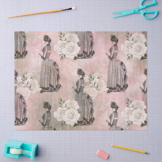 ピンクビクトリアンのデコページの女性とバラ 薄葉紙 (クラフト)