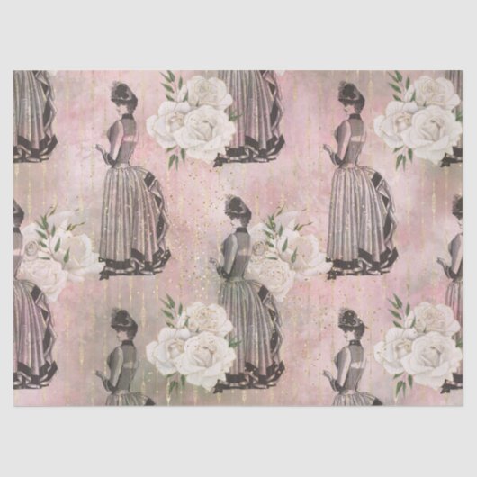 ピンクビクトリアンのデコページの女性とバラ 薄葉紙 (正面)