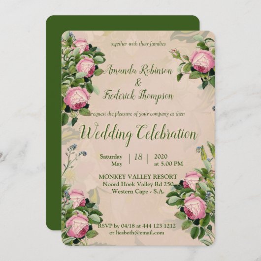 ピンクビクトリアンのバラが咲く庭結婚園 招待状 (正面/裏面)