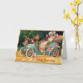 ピンクビクトリアンのバラのカップルin車の誕生日 カード (黄色い花)