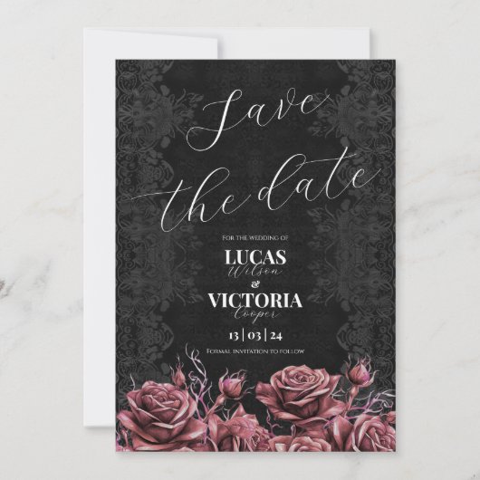 ピンクビクトリアンのバラのゴシック式の結婚式の日付を保存 招待状 (正面)