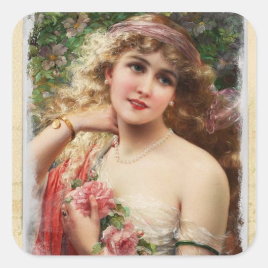 ピンクビクトリアンのバラのシールを持つ女性 スクエアシール (正面)