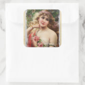 ピンクビクトリアンのバラのシールを持つ女性 スクエアシール (バッグ)