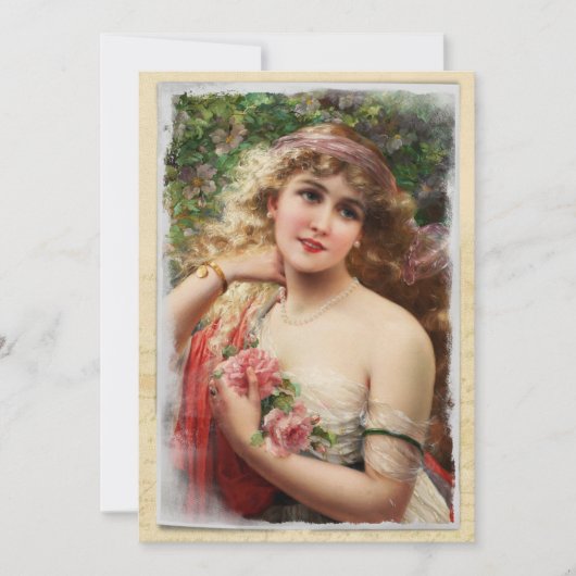 ピンクビクトリアンのバラの母の日のカードを持つ女性 (正面)