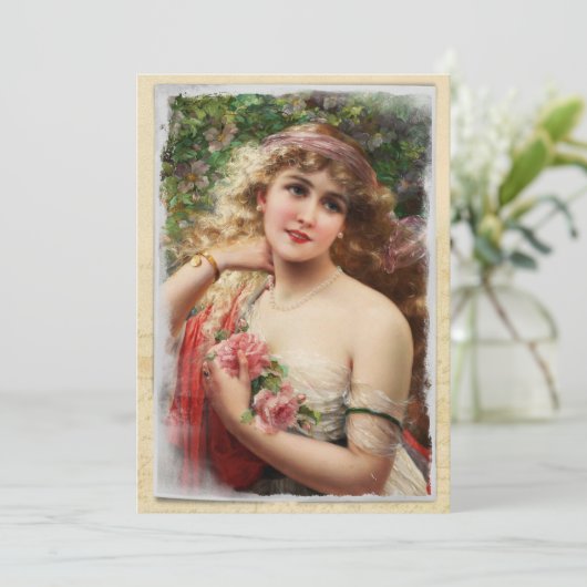 ピンクビクトリアンのバラの母の日のカードを持つ女性 (スタンド正面)