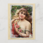 ピンクビクトリアンのバラの母の日を持つ女性 シーズンポストカード (正面)