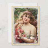 ピンクビクトリアンのバラを持つ女性ロマンチック サンキューカード (正面)