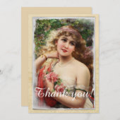 ピンクビクトリアンのバラを持つ女性ロマンチック サンキューカード (正面/裏面)