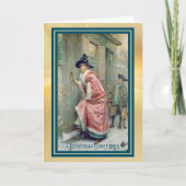 ピンクビクトリアンのベッド付き女性ビジタークリスマスカード シーズンカード (正面)