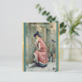 ピンクビクトリアンのベッド付き女性ビジタークリスマス シーズンポストカード (スタンド正面)
