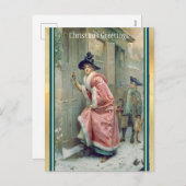 ピンクビクトリアンのベッド付き女性ビジタークリスマス シーズンポストカード (正面/裏面)