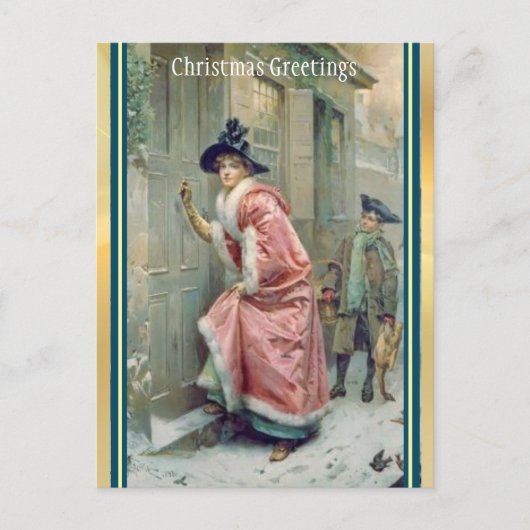 ピンクビクトリアンのベッド付き女性ビジタークリスマス シーズンポストカード (正面)