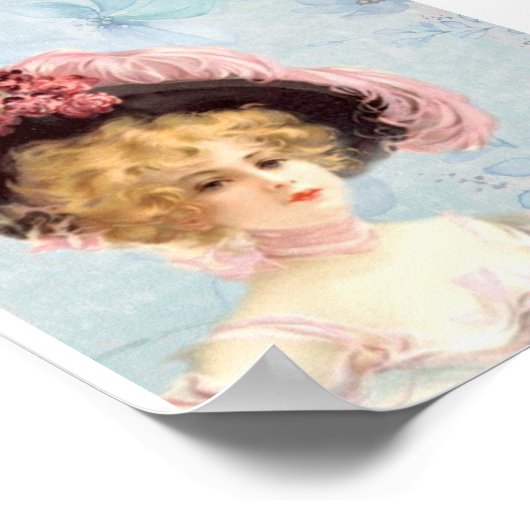 ピンクビクトリアンの羽毛エレガント帽子のヴィンテージ婦人 ポスター (角)